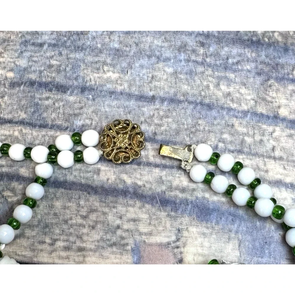Vintage 2 Strand Green White Beaded‎ Necklace Earrings Set 1950s Costume Jewelry